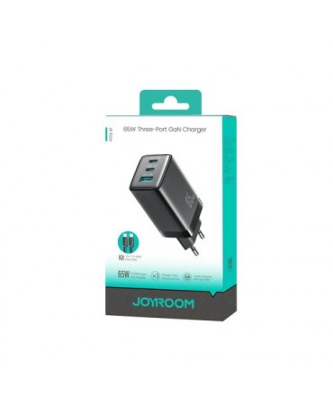 Joyroom Travel Charger GaN Fast Charger C+C+U, PD 65W with Type-C to Type-C Cable (1.2m), Black (JR-TG10)