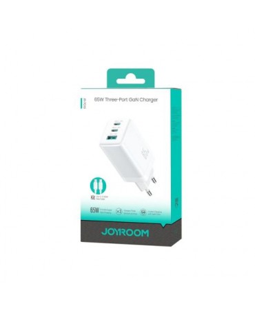 Joyroom Travel Charger GaN Fast Charger C+C+U, PD 65W with Type-C to Type-C Cable (1.2m), White (JR-TG10)