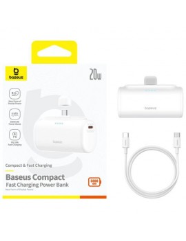 Baseus Power Bank Compact Fast charge Type-C inlet + Type-C outlet (with C+C cable) PD20W, 5000 mAh, White (P10068306213-00)