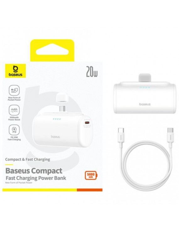Baseus Power Bank Compact Fast charge Type-C inlet + Type-C outlet (with C+C cable) PD20W, 5000 mAh, White (P10068306213-00)