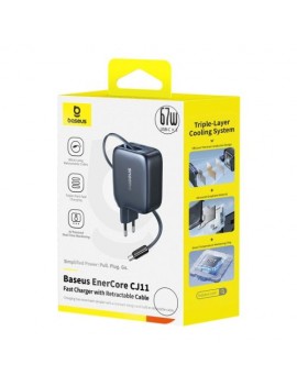 Baseus Travel Charger EnerCore CJ11 Wall Charger C+C+U, 67W with Retractable Cable (0.8m) Black (E0121E00)