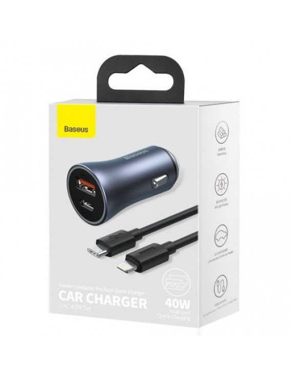 Baseus Car Charger Golden Contactor Pro Dual Quick Charger U+C, PD 3.0, QC 4+, SCP FCP AFC (With Type-C - Lightning 1m Black) 40W Dark Gray (TZCCJD-B0G)