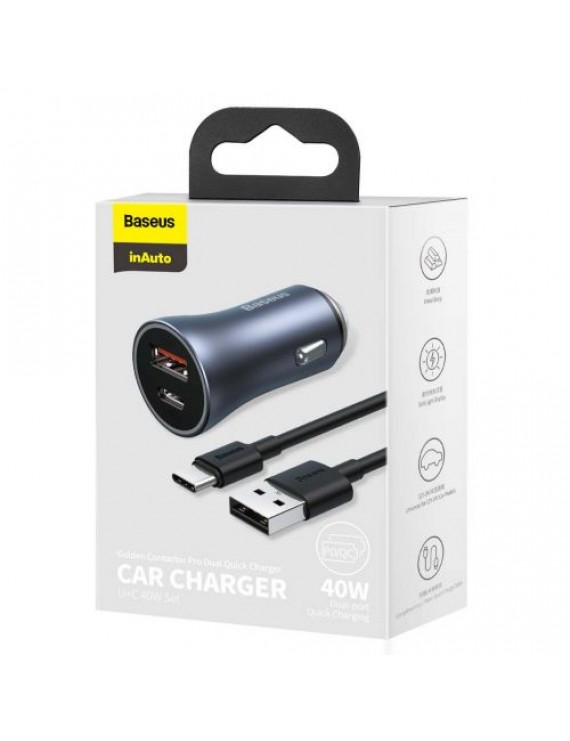 Baseus Car Charger Golden Contactor Pro Dual Quick Charger U+C, PD 3.0, QC 4+, SCP FCP AFC (with USB - Type C 1m cable) Gray (TZCCJD-0G)