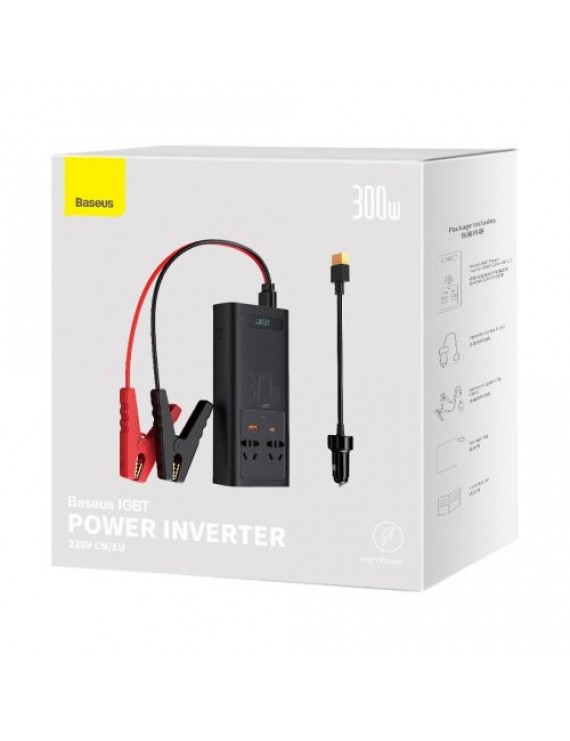 Baseus Car Power Inverter IGBT 300W/ 220V (C+U + Dual EU plug) with 12V clamp cables (0.40m) and Cigarette Lighter Socket Cable (0.60m), Black (CGNB010101)