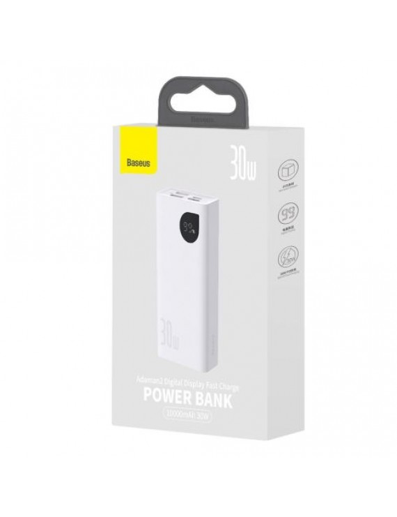 Baseus Power Bank Adaman2 with Digital display, C+U+U, PD 3.0, QC 3.0, 30W, 10000 mAh, with Type-C cable (0.3m), White (PPAD080002)