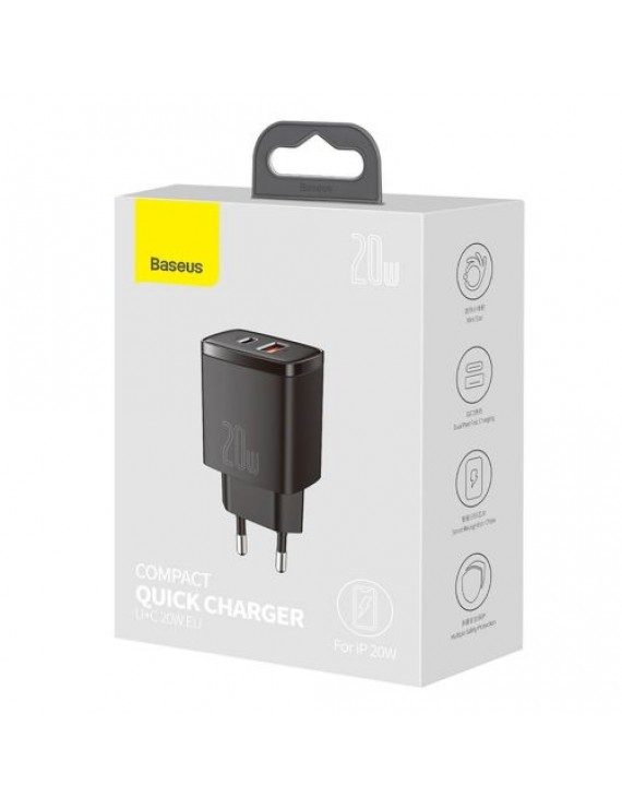 Baseus Travel Charger Compact Quick Charger U+C 20W EU Black (CCXJ-B01)