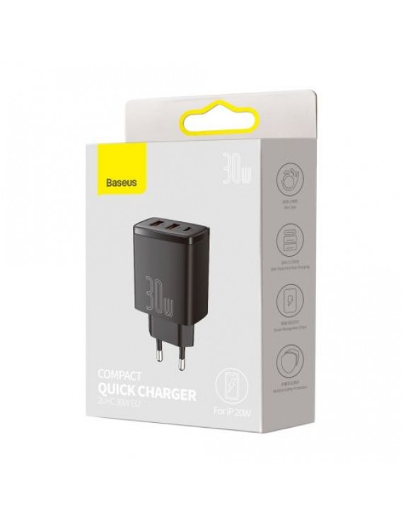 Baseus Travel Charger Compact Quick Charger U+U+C PD3.0, QC 3.0 30W EU Black (CCXJ-E01)