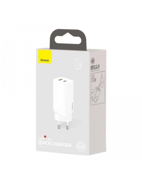 Baseus Travel Charger GaN2 Lite Quick Charger C+U QC 3.0 PD 3.0 65W EU White (CCGAN2L-B02)