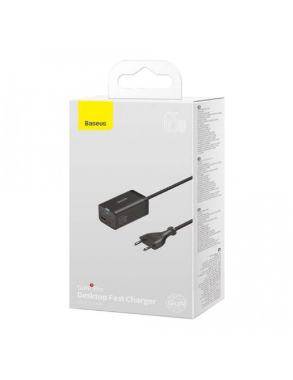 Baseus Travel Charger GaN3 Pro Quick wall charger C+C+U, PD3.0, QC4.0 +, AFC, FCP, SCP, PPS, MTK, (with Type C - Type C cable 1m) 65W, Black EU (CCGP040101)
