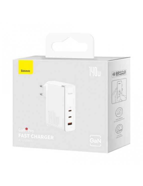 Baseus Travel Charger GaN5 Pro Fast wall charger, C+C+U, 140W White EU (CCGP100202)