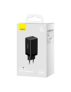 Baseus Travel Charger GaN5 Pro Fast wall charger, C+C+U, QC, AFC, PD 65W with Type-C to Type-C (100W) 1m, Black EU (CCGP120201)