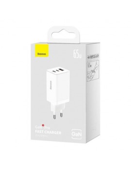 Baseus Travel Charger GaN5 Pro Fast wall charger, C+C+U, QC, AFC, PD 65W with Type-C to Type-C (100W) 1m, White EU (CCGP120202)