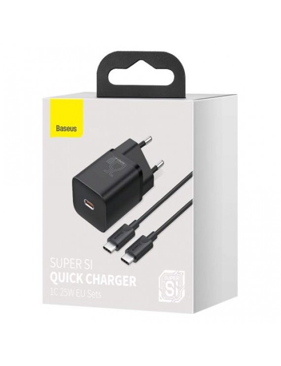Baseus Travel Charger set Super Si 1C QC (With Mini Black Cable Type-C to Type-C 3A 1m) 25W EU Black (TZCCSUP-L01)