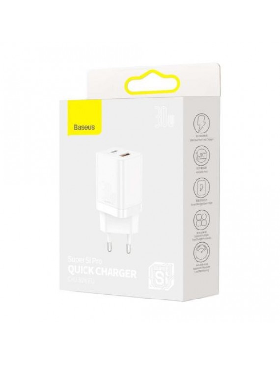 Baseus Travel Charger Super Si Pro mini Fast Charger, C+U, PD 3.0, QC 3.0 30W EU White (CCSUPP-E02)