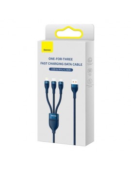 Baseus Universal Cable, Flash Series II 3-in-1 Fast Charging Data Cable (USB-A to Micro + Lightning + Type-C) 66W, 480mbps, 1.2m, Blue (CASS040003)