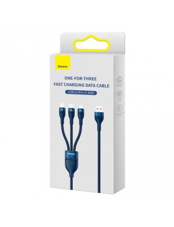 Baseus Universal Cable Flash Series II 3-in-1 Fast Charging Data Cable (USB-A to Micro + Lightning + Type-C) 66W, 480mbps, 1.2m, Blue (CASS040003)