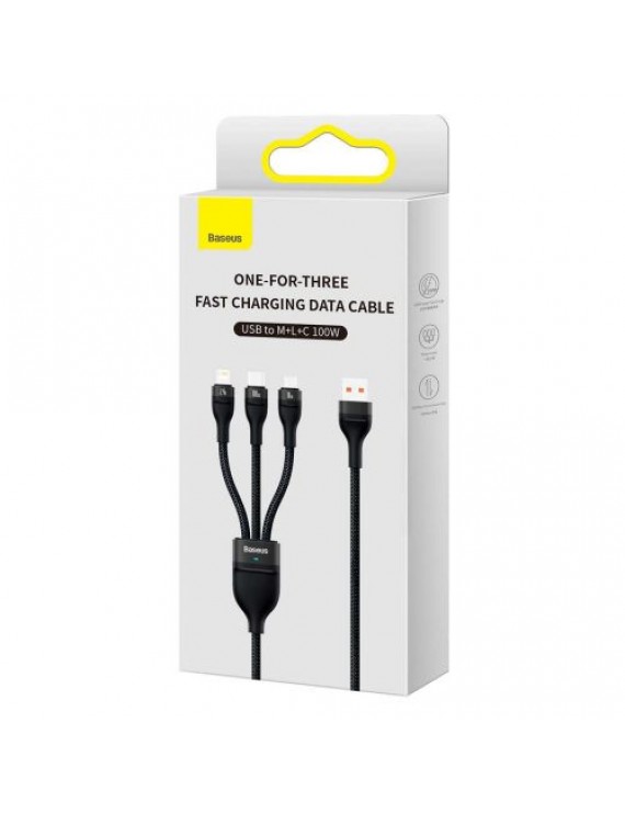 Baseus Universal Flash Series 3-in-1 Fast Charging Data Cable (USB-A to Micro + Lightning + Type-C) 100W, 1.2m Black (CASS030001)