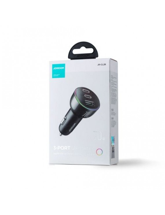 Joyroom Car Charger 3-in-1, (C+C+U) Bluetooth Fm Transmitter, PD 70W, Black (JR-CL26)