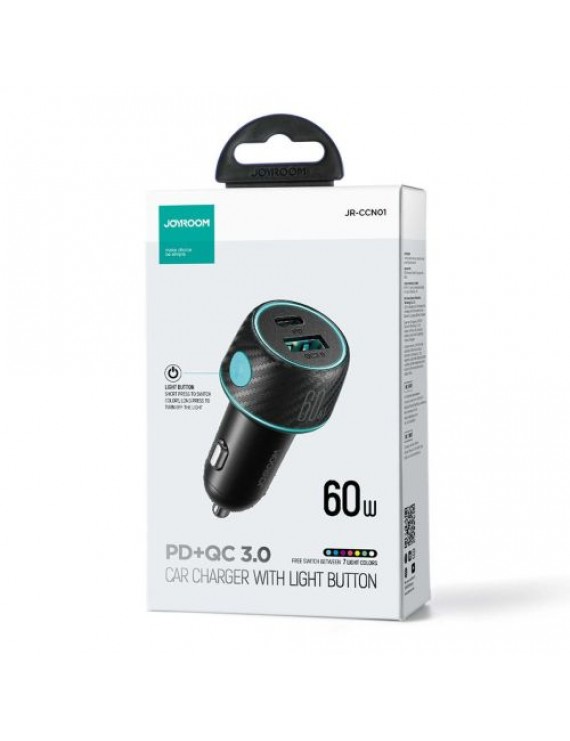 Joyroom Car Charger U+C, QC 3.0, PD, 60W, RGB, Black (JR-CCN01)