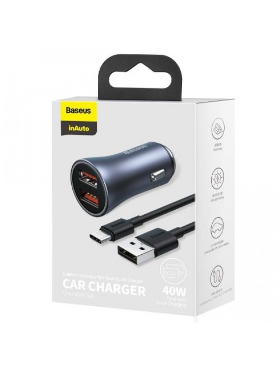 Baseus Car Charger Golden Contactor Pro with (USB/Type-C cable 5A), 2xUSB Quick Charge, SCP, FCP, AFC, 40W, Gray (TZCCJD-A0G)