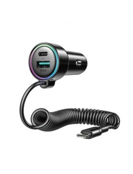 Joyroom Car Charger 3-in-1, C+U with Type-C Coiled Cable 1.6m, 72W, Black (JR-CL07)