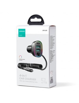 Joyroom Car Charger 4-in-1, C+C+U+U with Type-C Coiled Cable 1.6m, 57W, Black (JR-CL20)