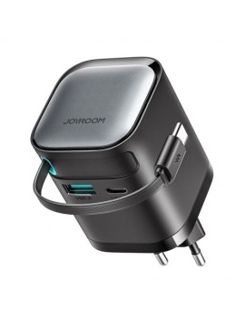 Joyroom Travel Charger GaN Fast Charger C+U, 65W, PD 3.0, QC 3.0, with Bulit-in Retractable Type-C cable (0.7m) Black (JR-TCL02)