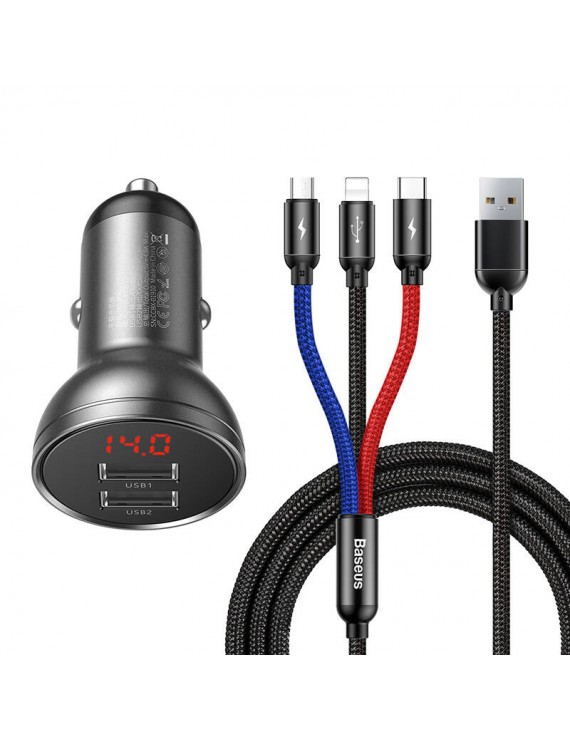 Baseus Φορτιστής Αυτοκινήτου 24W με Καλώδιο USB 3σε1 (USB-C, Lightning, Micro USB) 1.2m (Μαύρο)