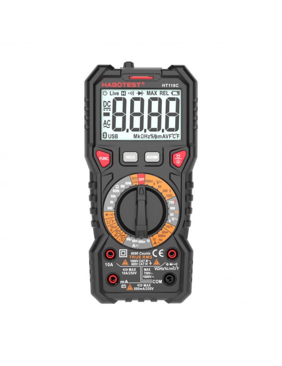 Habotest Ψηφιακό Πολύμετρο με Φακό HT118C, True RMS, NCV, Δοκιμή Μπαταριών (Μαύρο)
