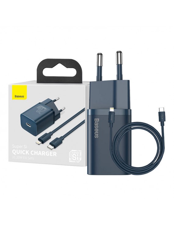 Baseus Γρήγορος Φορτιστής Super Si 1C 20W με Καλώδιο USB-C σε Lightning 1m (Μπλε)