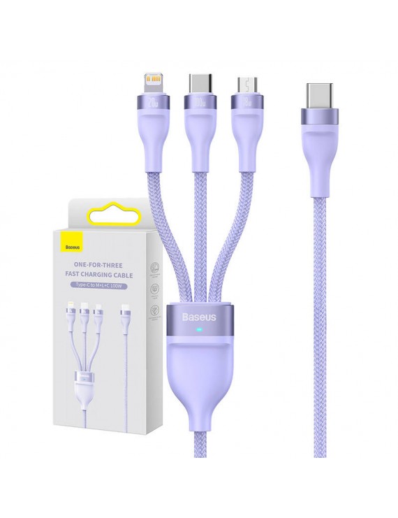Baseus Καλώδιο USB 3σε1 Flash Series 2, USB-C/MicroUSB/Lightning, 100W, 1.5m (Λιλά)