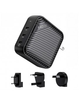 Wall charger INVZI GanHub 3x USB-C, 140W, EU/UK/AU/US (black)