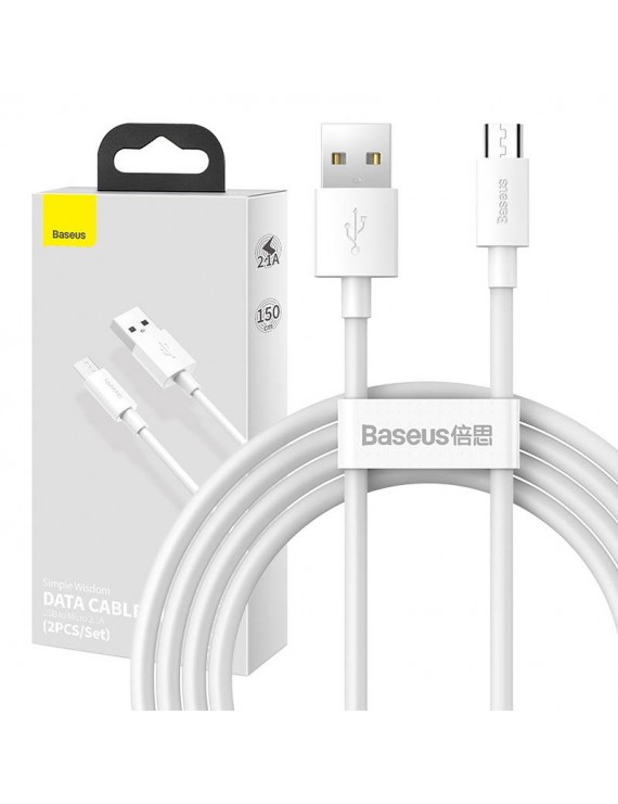 Baseus Καλώδιο USB σε MicroUSB Simple Wisdom 2.1A 1.5m (2τμχ) (Λευκό)