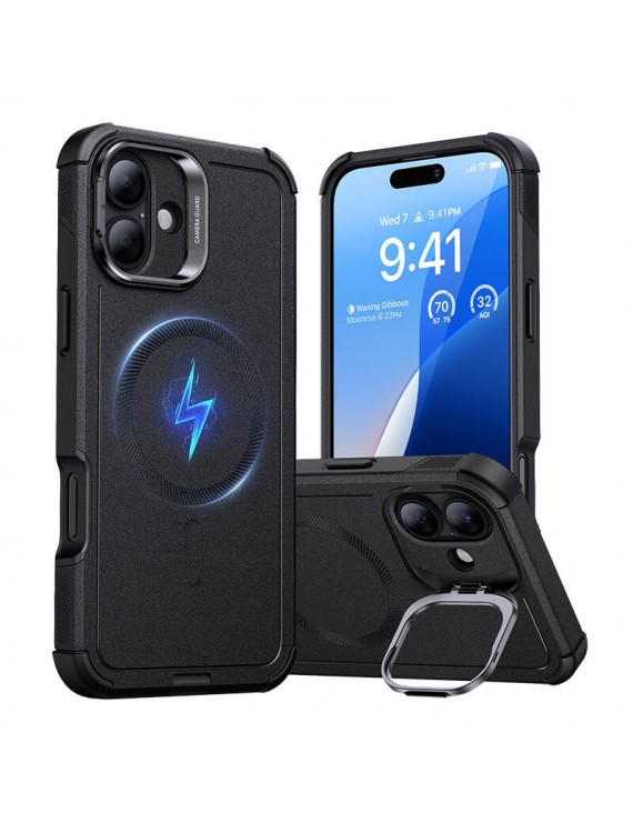 ESR Cyber Tough Case with Stash Stand (HaloLock), Compatible with iPhone 16 Plus (Black)