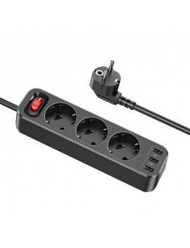 Power Strip Hoco NS2 with 3 x Inlet Sockets 4000W + 3 x USB-A output ports 5V/2.4A and On / Off Switch with Cable 1.8 m Black